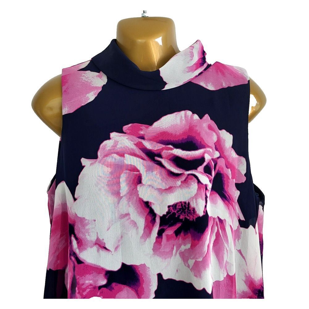 Eliza J Size 12 Multi-Colored Floral Chiffon Overlay Dress Back Zip Black Pink - Picture 6 of 15